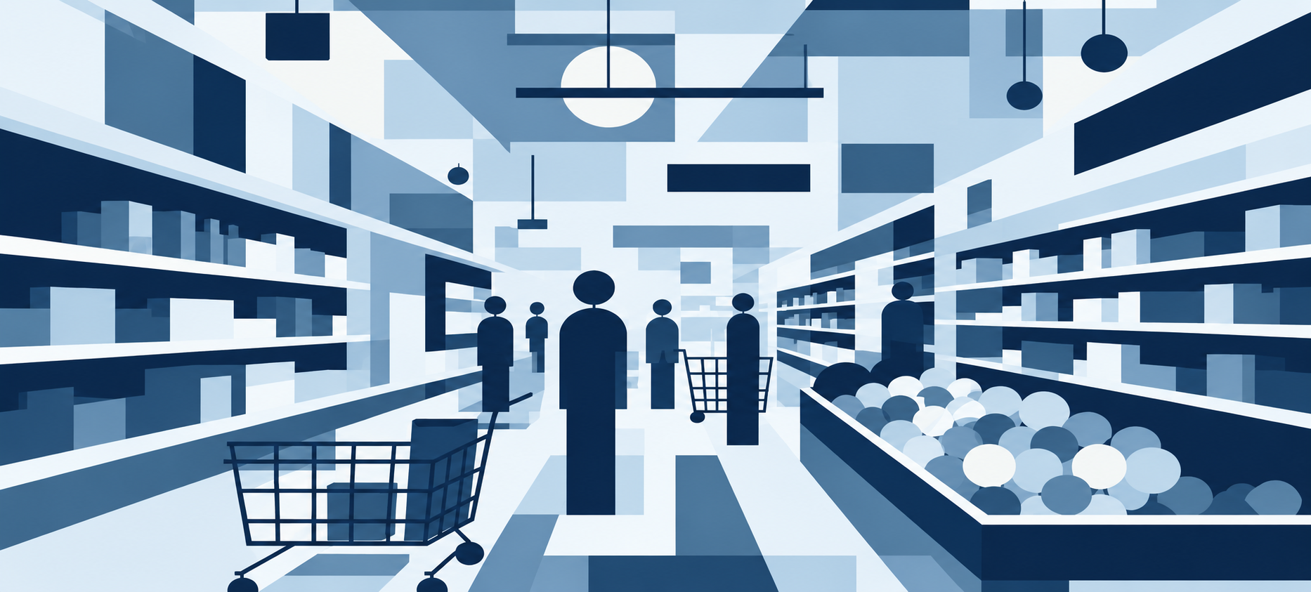 Graphic blue illustration of shoppers, shelves and carts in a retail store
